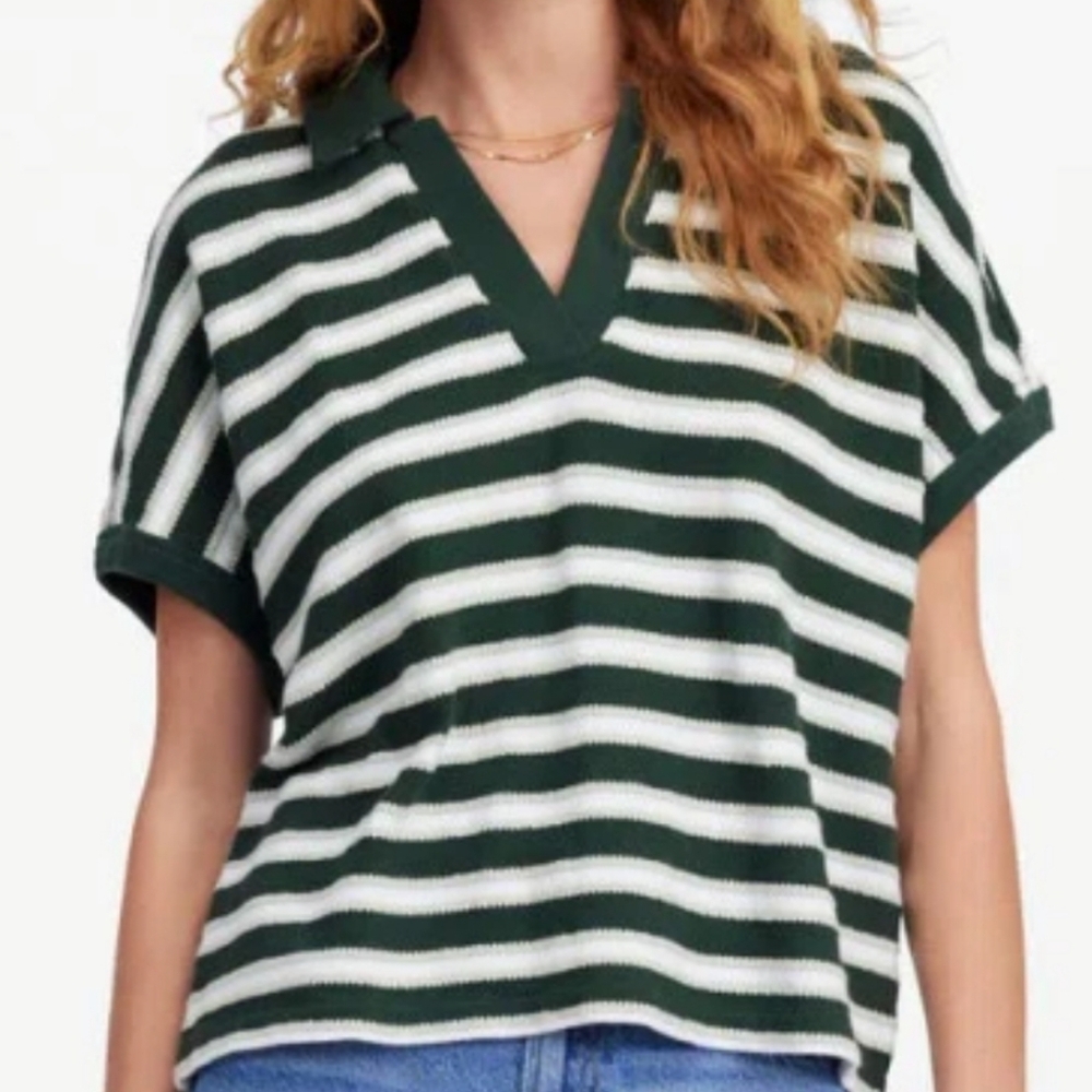 Madewell Green & White Embroidered Stripe Polo Collar Relaxed Fit Preppy Top